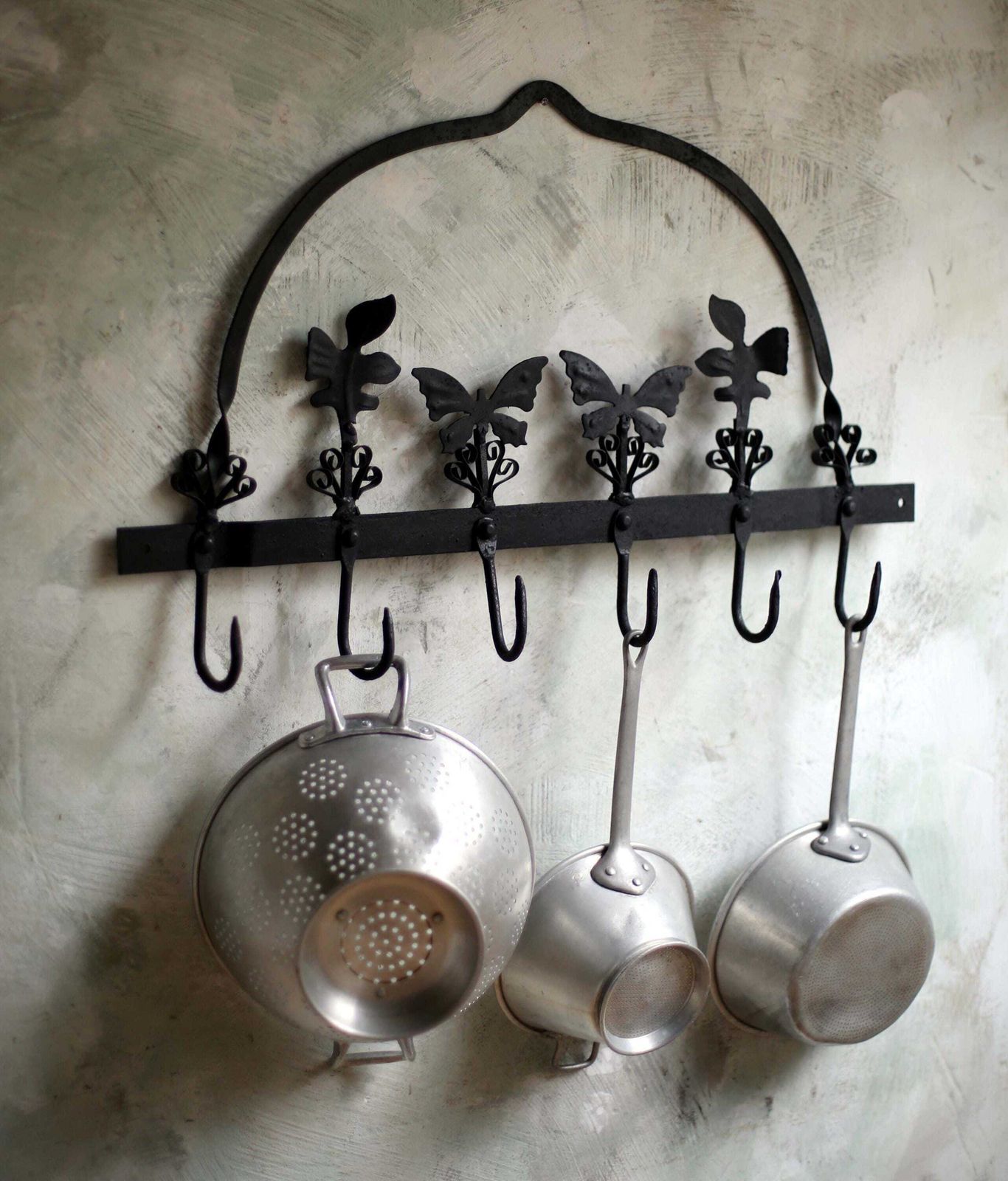 Furniture Antique Pan Rack Wall Mounted Pot Hanger Wrought Iron Hooks With Butterflies photo