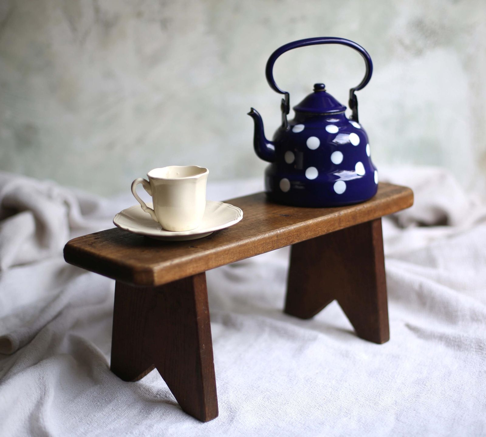 Primitive French Wooden Bench Low Stool Rustic Wooden Table Riser Antique Footstool photo vintage