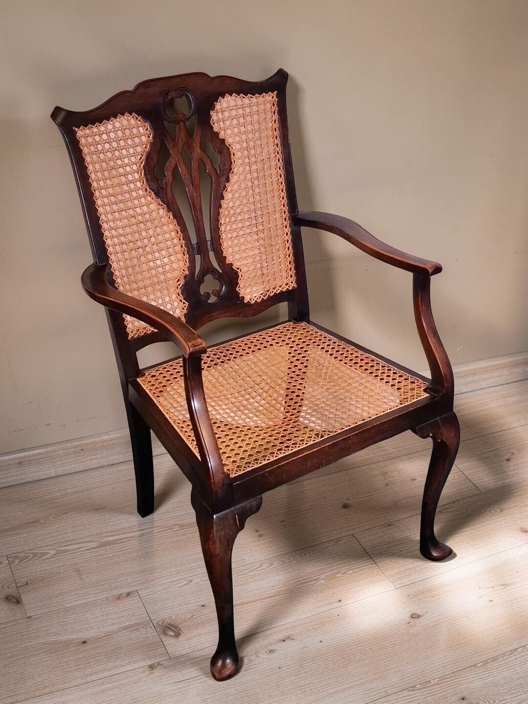 Antique Victorian Queen Anne Style Chair Walnut And Cane photo furniture