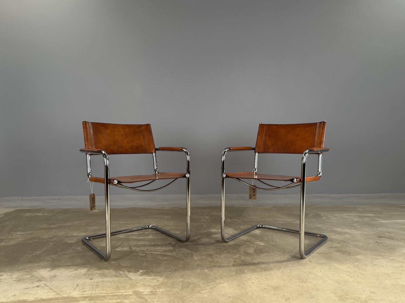 photo vinterior Pair Dining Or Desk Chair Mart Stam Marcel Breuer S34 Set Of 2 Two Chrome Tan Cognac Brown Leather Cantilever Bauhaus Matteo Grassi