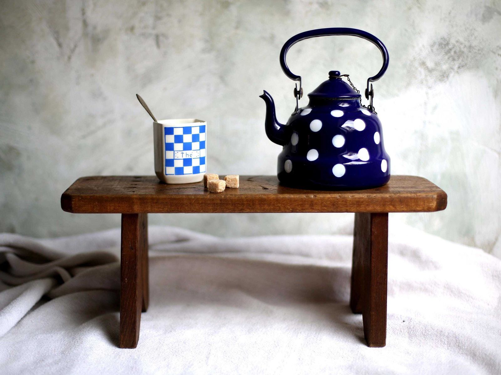 Vintage French Polka Dot Enamel Tea Kettle Blue & White Enamelware Spotty Teapot photo 82.0