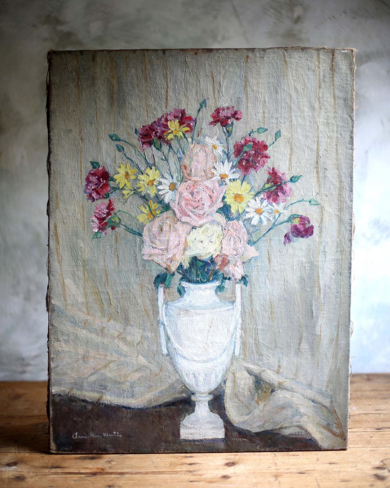 French Floral Oil Painting Antique Canvas Art Flowers Large Still Life Claude Rene Martin photo buy