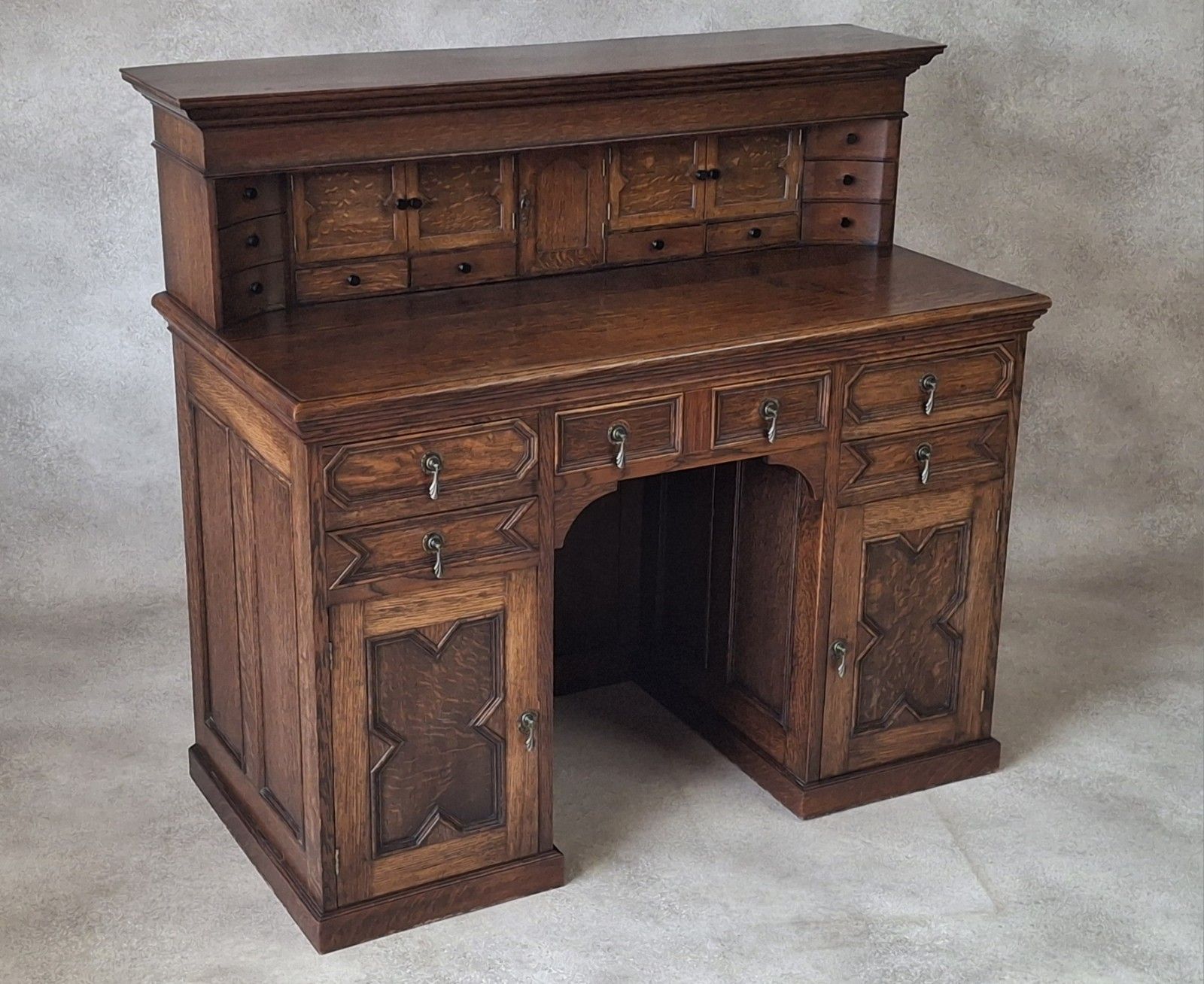 Large Antique Edwardian Jacobean Revival Oak Pedestal Desk Gallery Top photo for sale