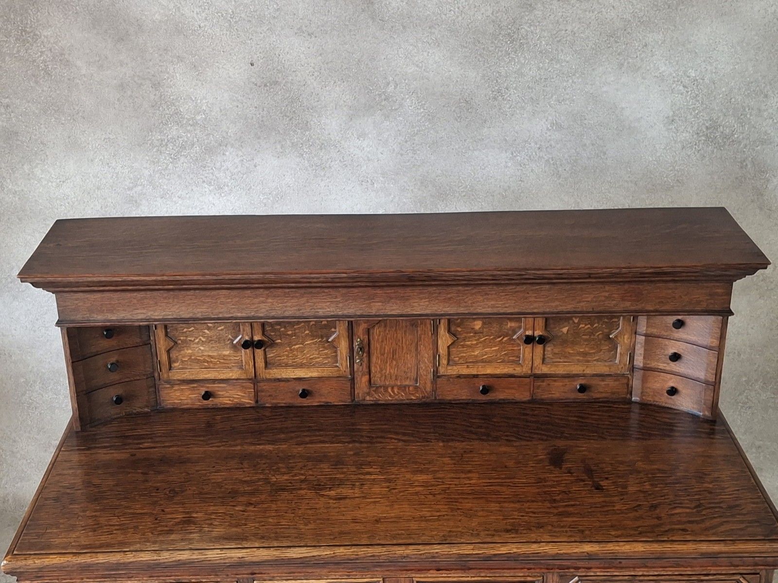 Large Antique Edwardian Jacobean Revival Oak Pedestal Desk Gallery Top photo vinterior