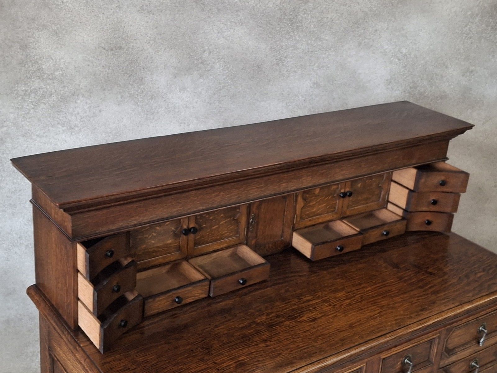 Large Antique Edwardian Jacobean Revival Oak Pedestal Desk Gallery Top photo buy