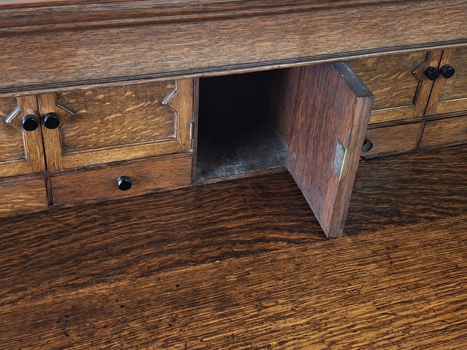 photo furniture Large Antique Edwardian Jacobean Revival Oak Pedestal Desk Gallery Top