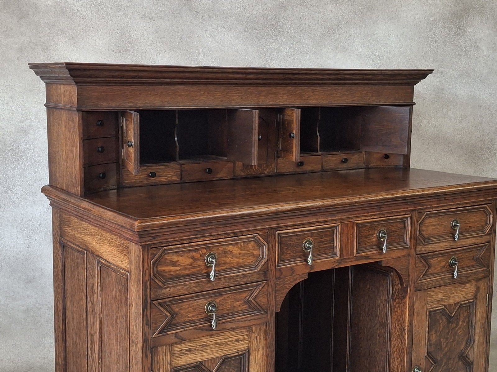 photo for sale Large Antique Edwardian Jacobean Revival Oak Pedestal Desk Gallery Top