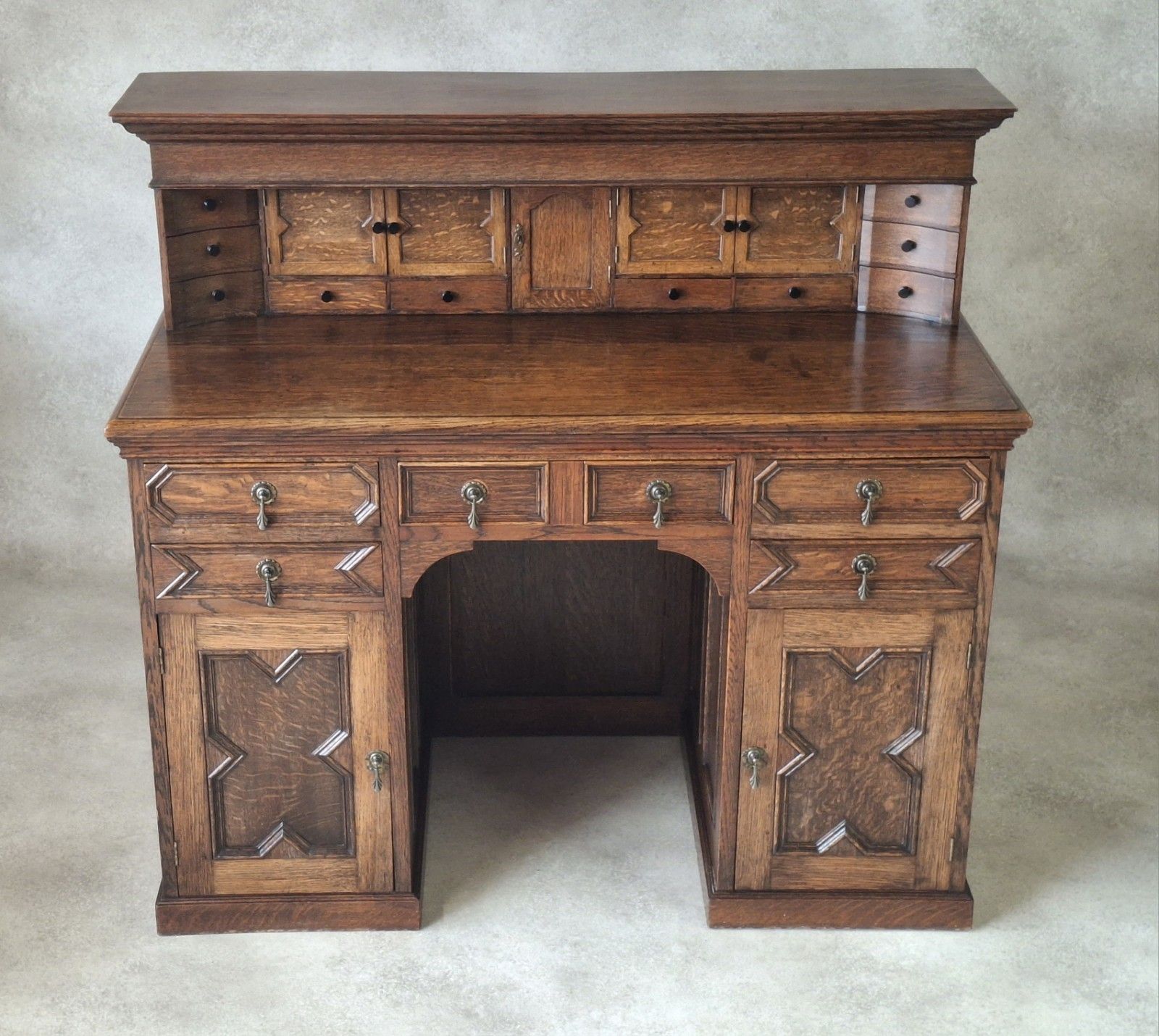 photo buy Large Antique Edwardian Jacobean Revival Oak Pedestal Desk Gallery Top