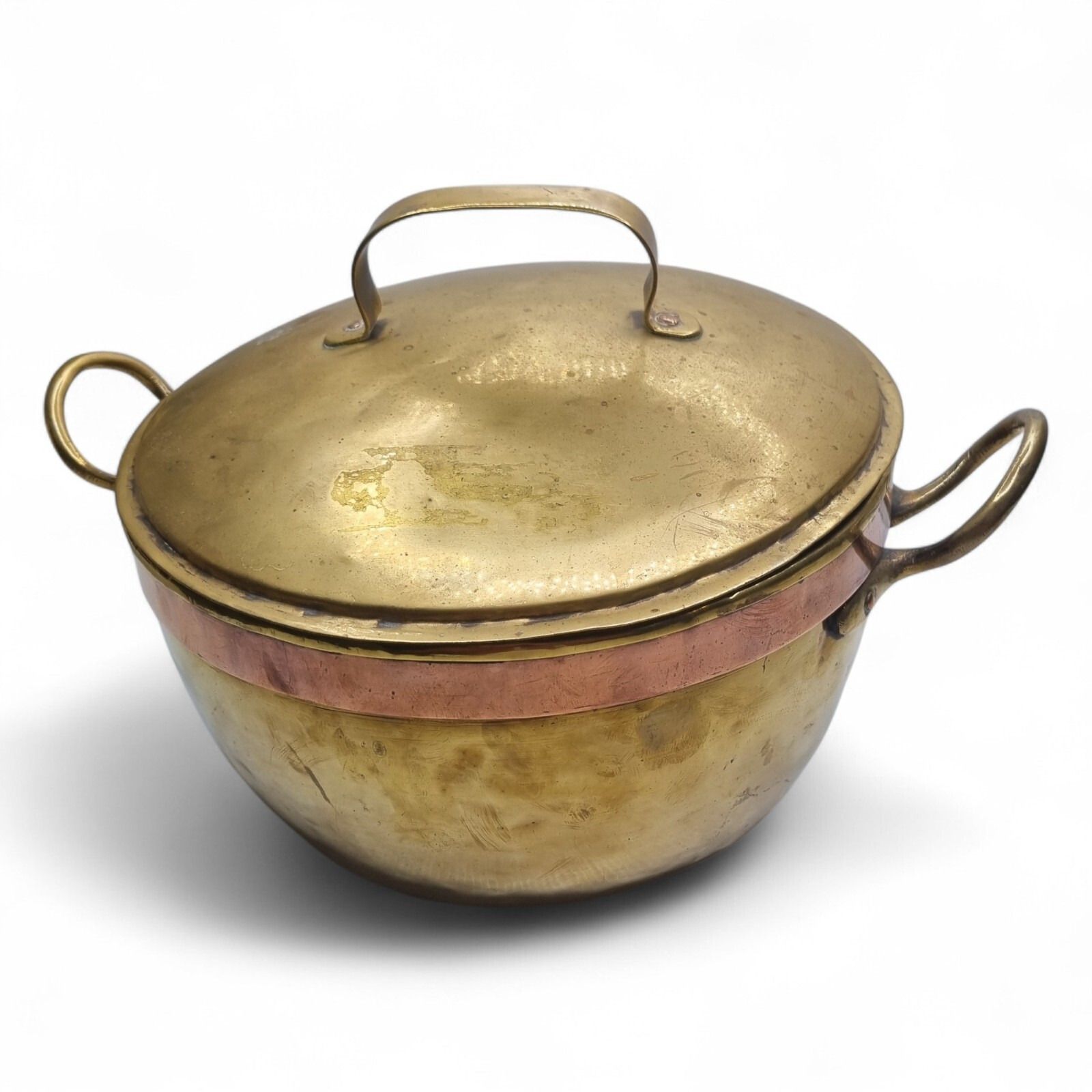 Antique Copper And Brass Cooking Pot Lidded Cauldron 19th Century Stock Pot photo for sale