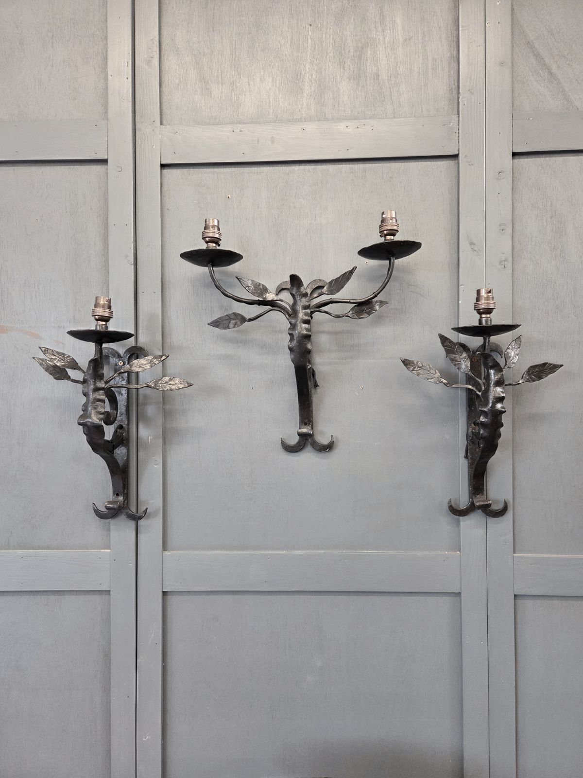 Trio Of Early 20th Century Arts & Crafts Style Wrought Iron Wall Sconces photo for sale