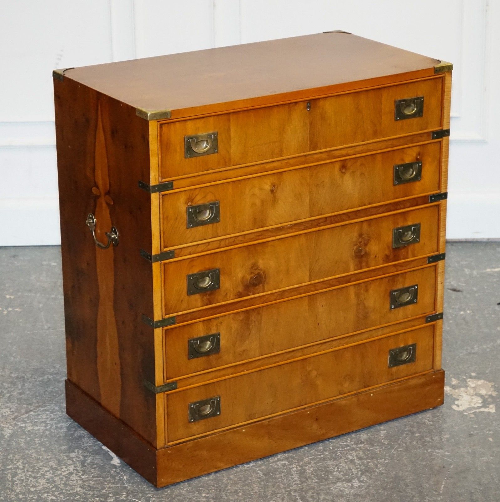Vintage Military Campaign Yew Wood Secretary Chest Of Drawers With Brass Handles photo furniture