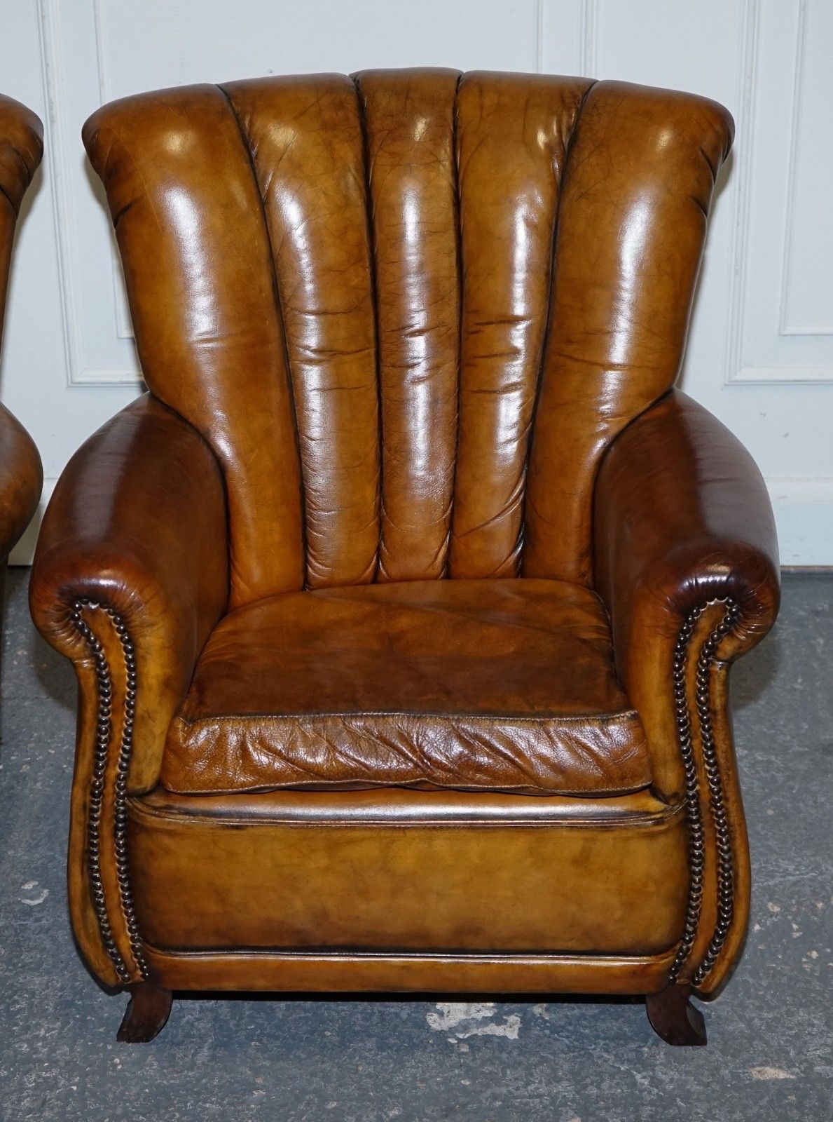 Vintage Pair Of Art Deco Style Hand Dyed Leather Shell Arm Chairs photo 3850.0