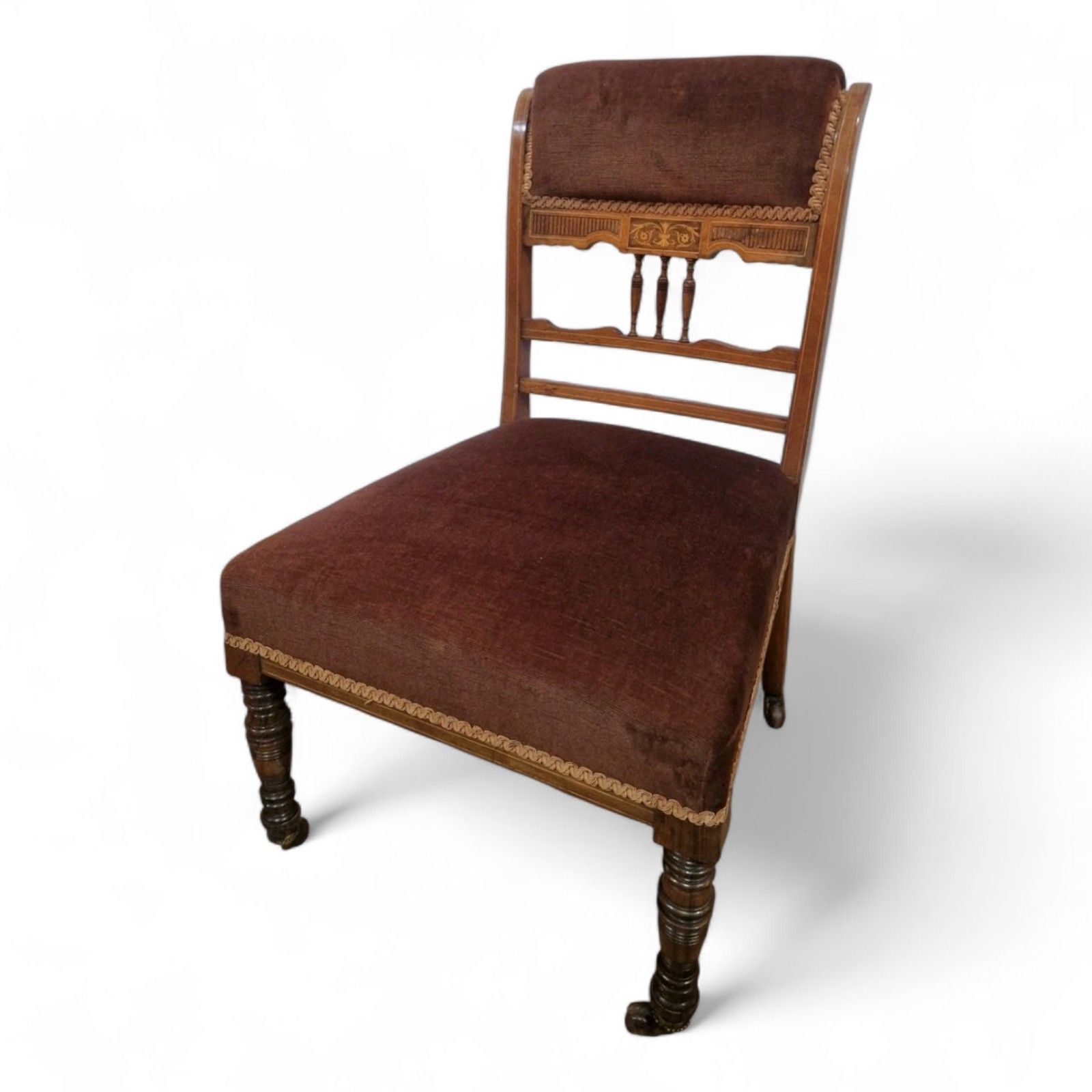 Victorian Mahogany Inlaid Slipper Chair Nursing Bedroom Seat Antique Carved photo for sale