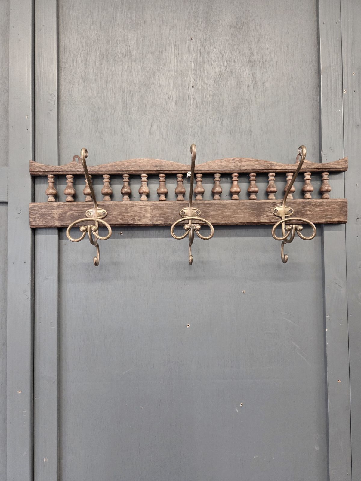 Antique French Hardwood & Brass Coat Rack