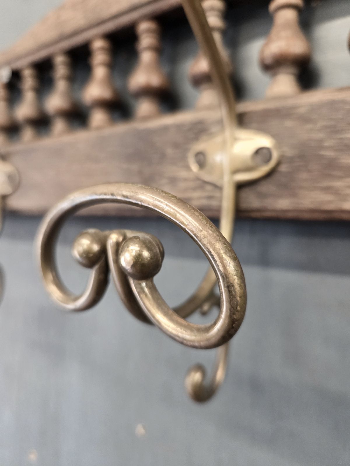 Antique French Hardwood & Brass Coat Rack photo Furniture