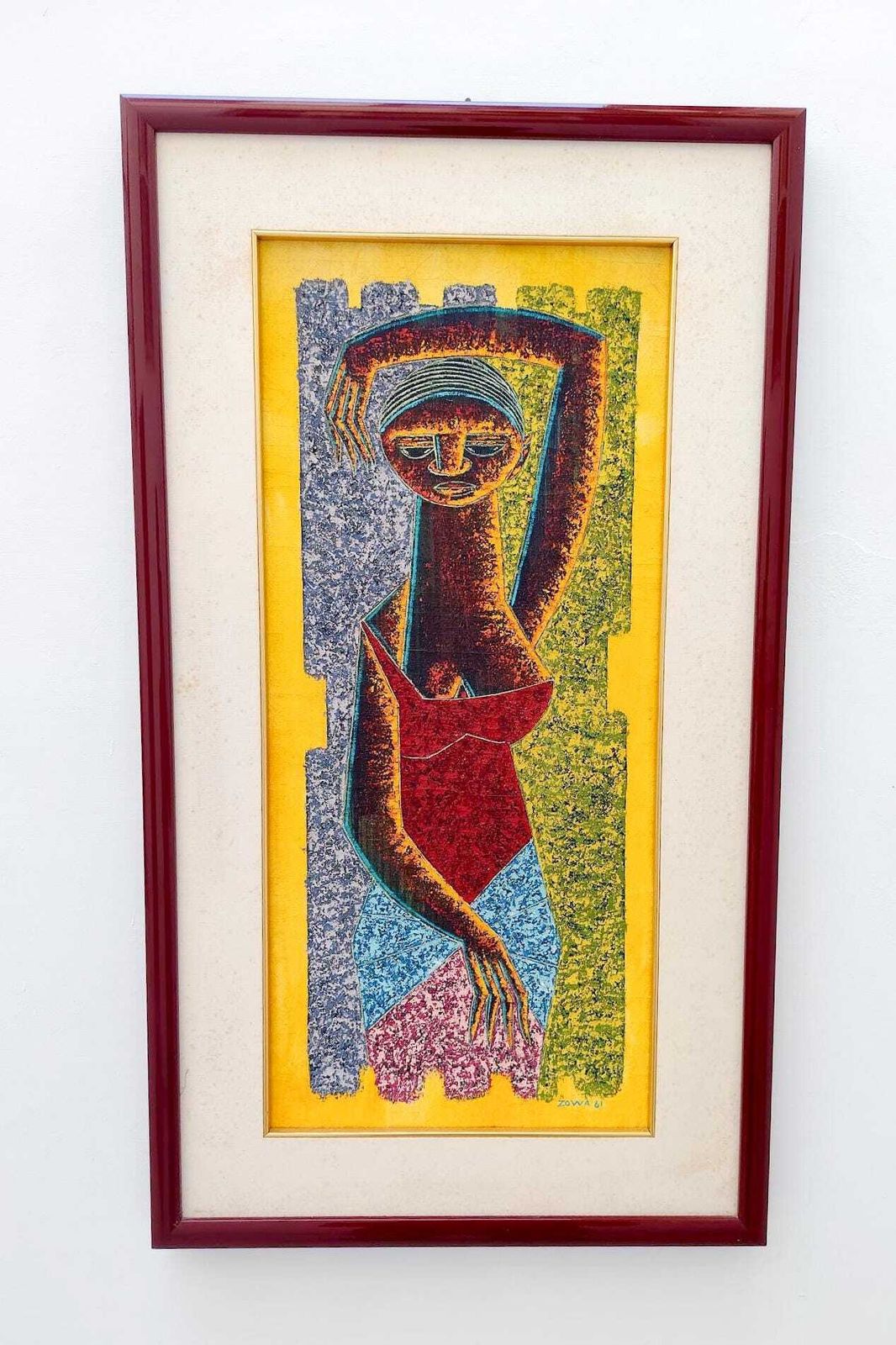 Nkutu A Zowa Woman Africa Tempera Painting On Canvas Unique Work With Frame 1981