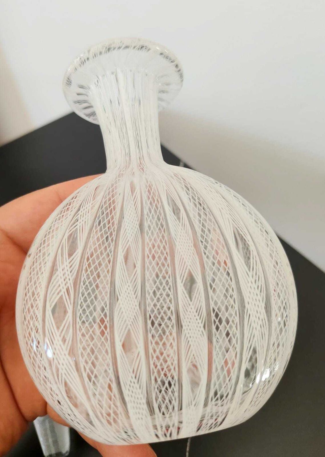 Murano Glass Bottle, Blown With White And Gold Filigrana Decoration, Vintage Italian Design Perfume. photo for sale