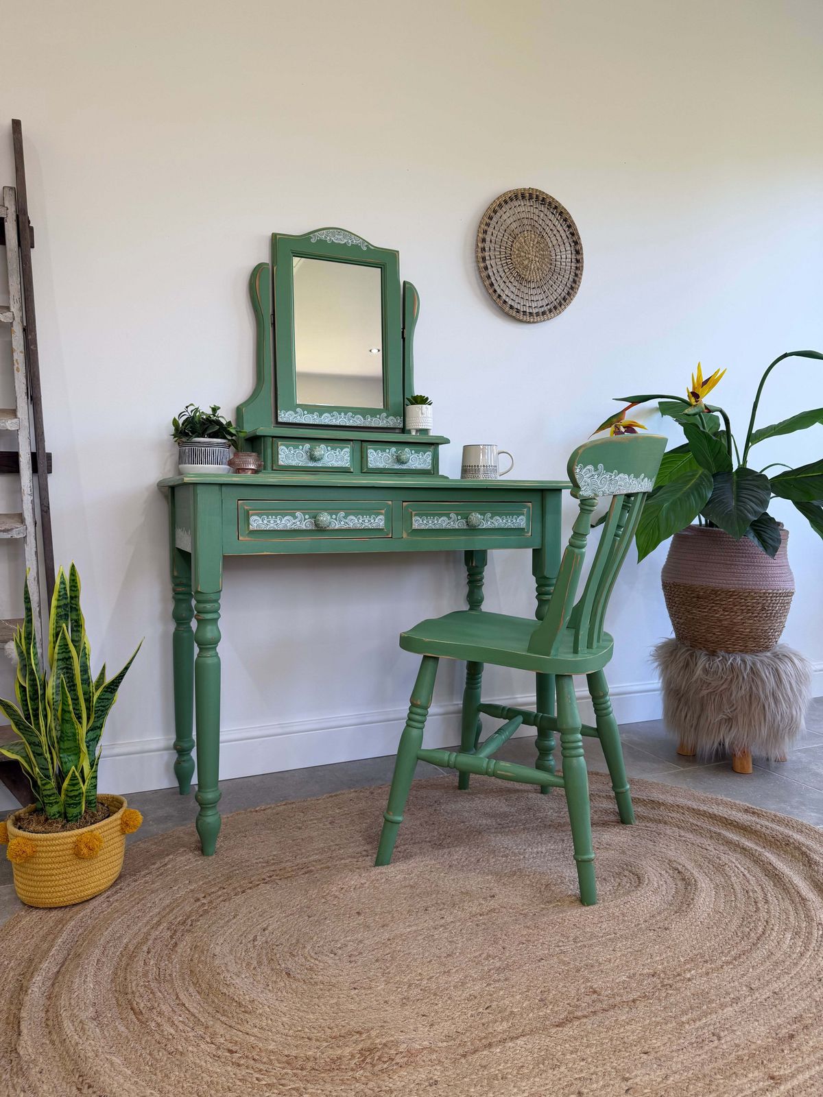 emerald green dressing table Boho Style Pine Table, Mirror And Chair Painted And Patterned The White Dress of Colour:Red & Black SeatonMini Laura james the fold