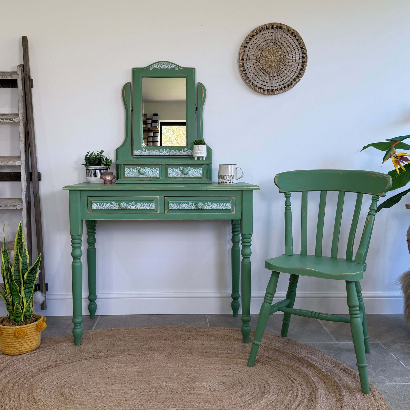Boho Style Pine Dressing Table, Mirror And Chair Painted Green And Patterned