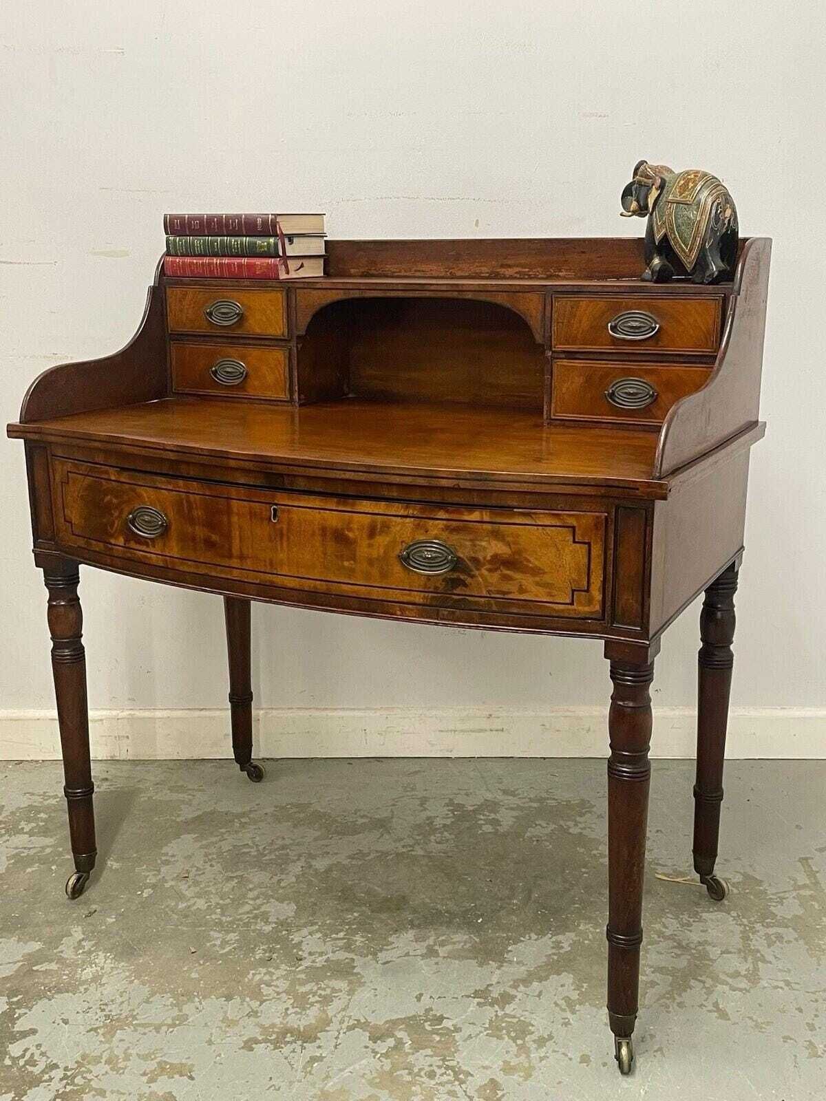 Antique Writing Desk With Raised Back & Drawers Desk On Castors.