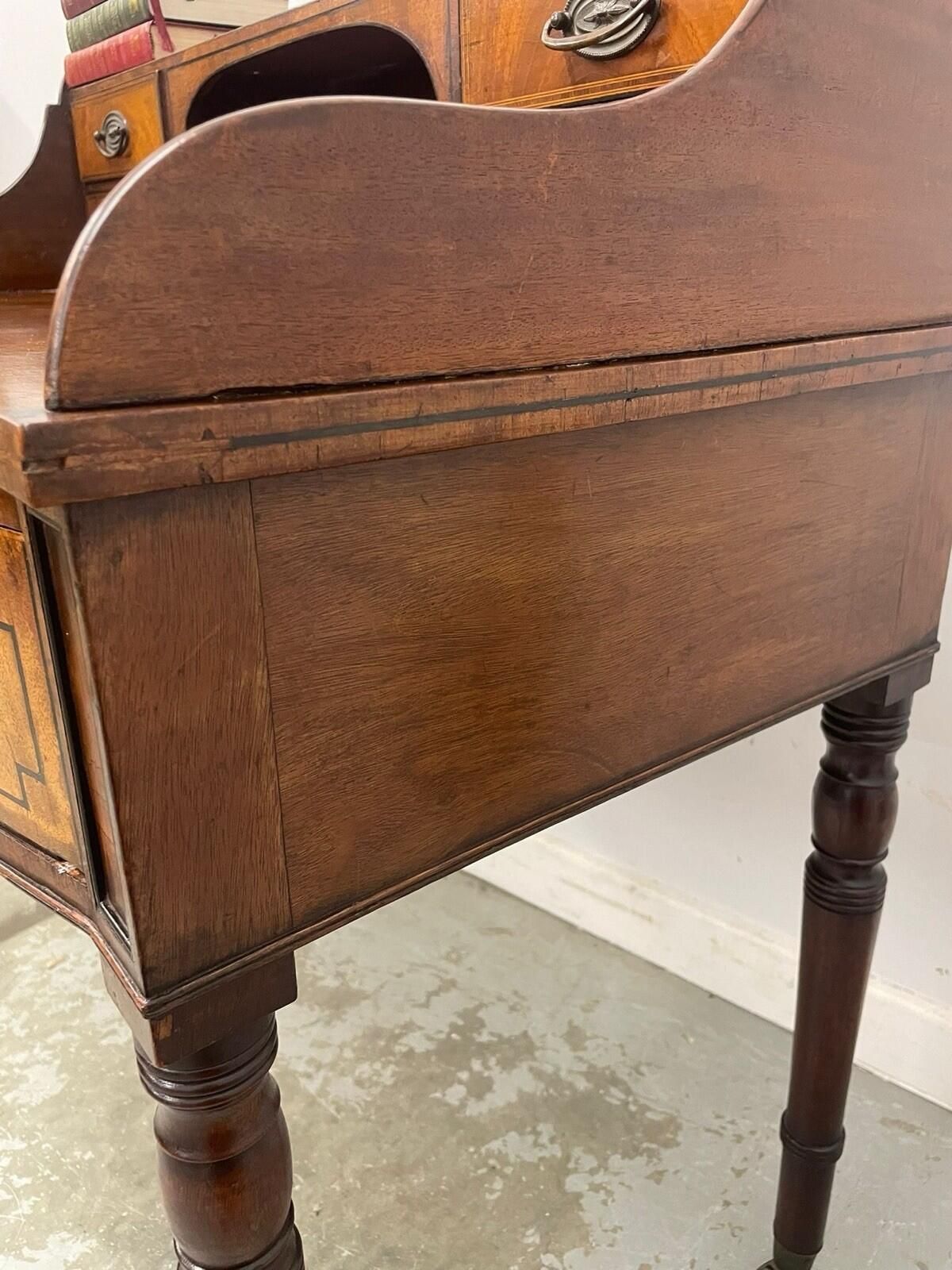 425.0 Antique Writing Desk With Raised Back & Drawers Desk On Castors. photo