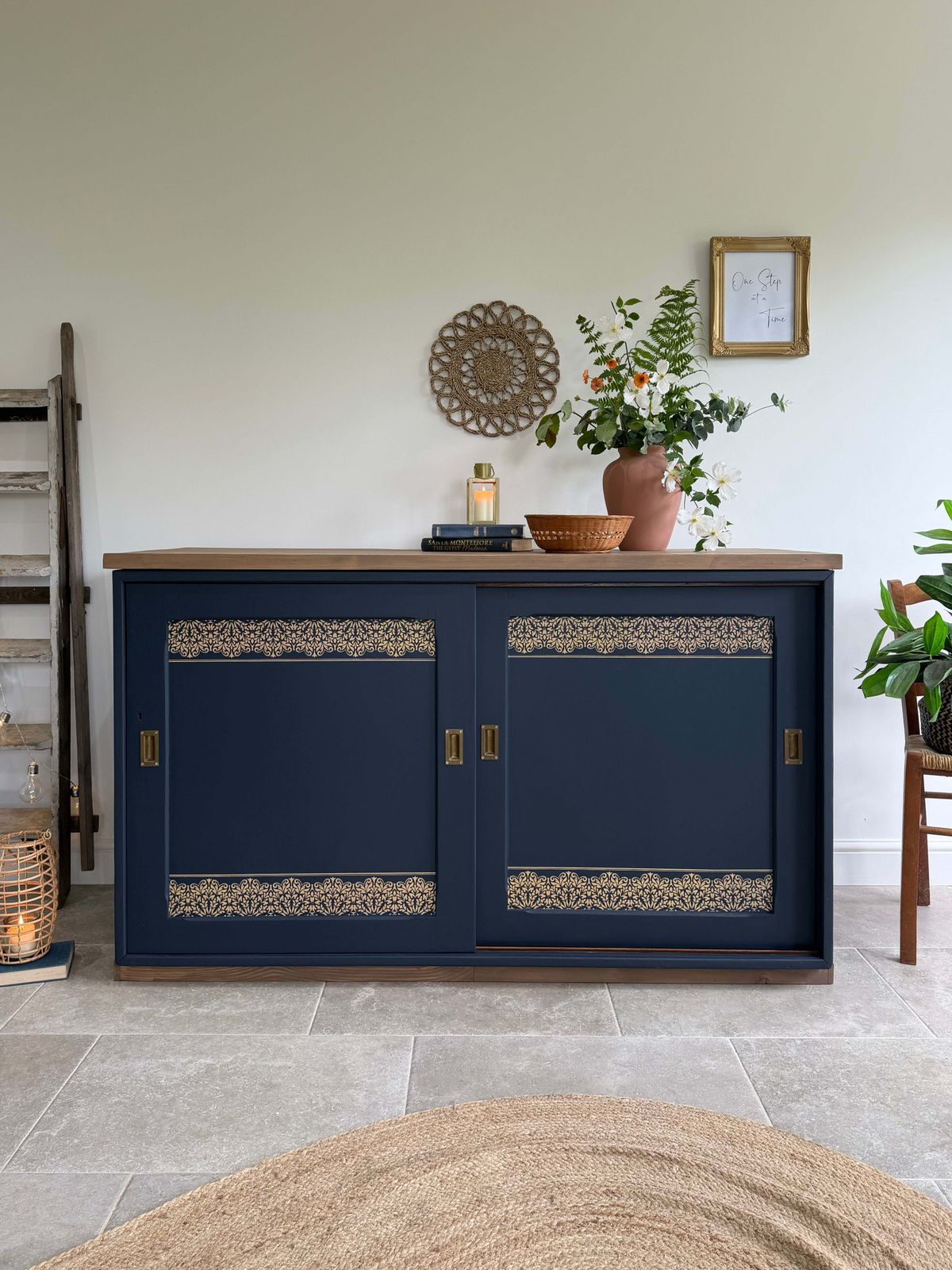 Freestanding Vintage Sliding Door Sideboard Painted Navy Blue And Gold