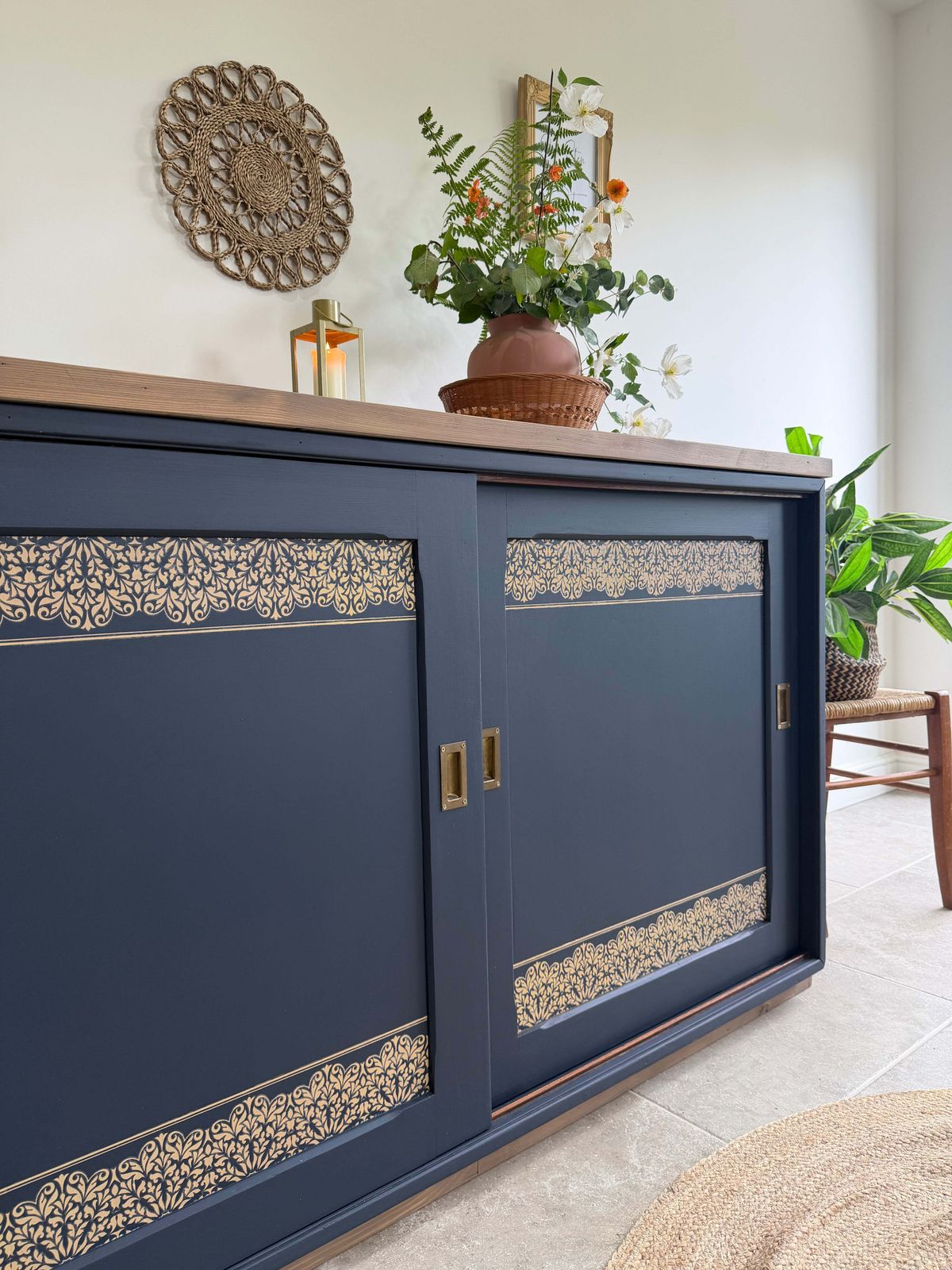 Freestanding Vintage Sliding Door Sideboard Painted Navy Blue And Gold photo vinterior