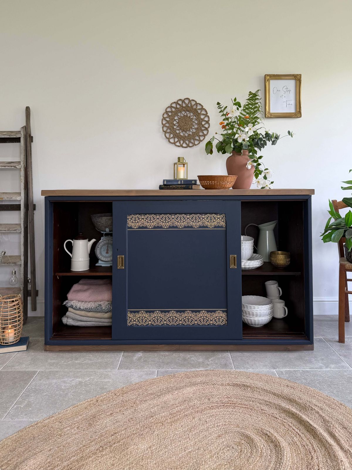 Freestanding Vintage Sliding Door Sideboard Painted Navy Blue And Gold photo buy