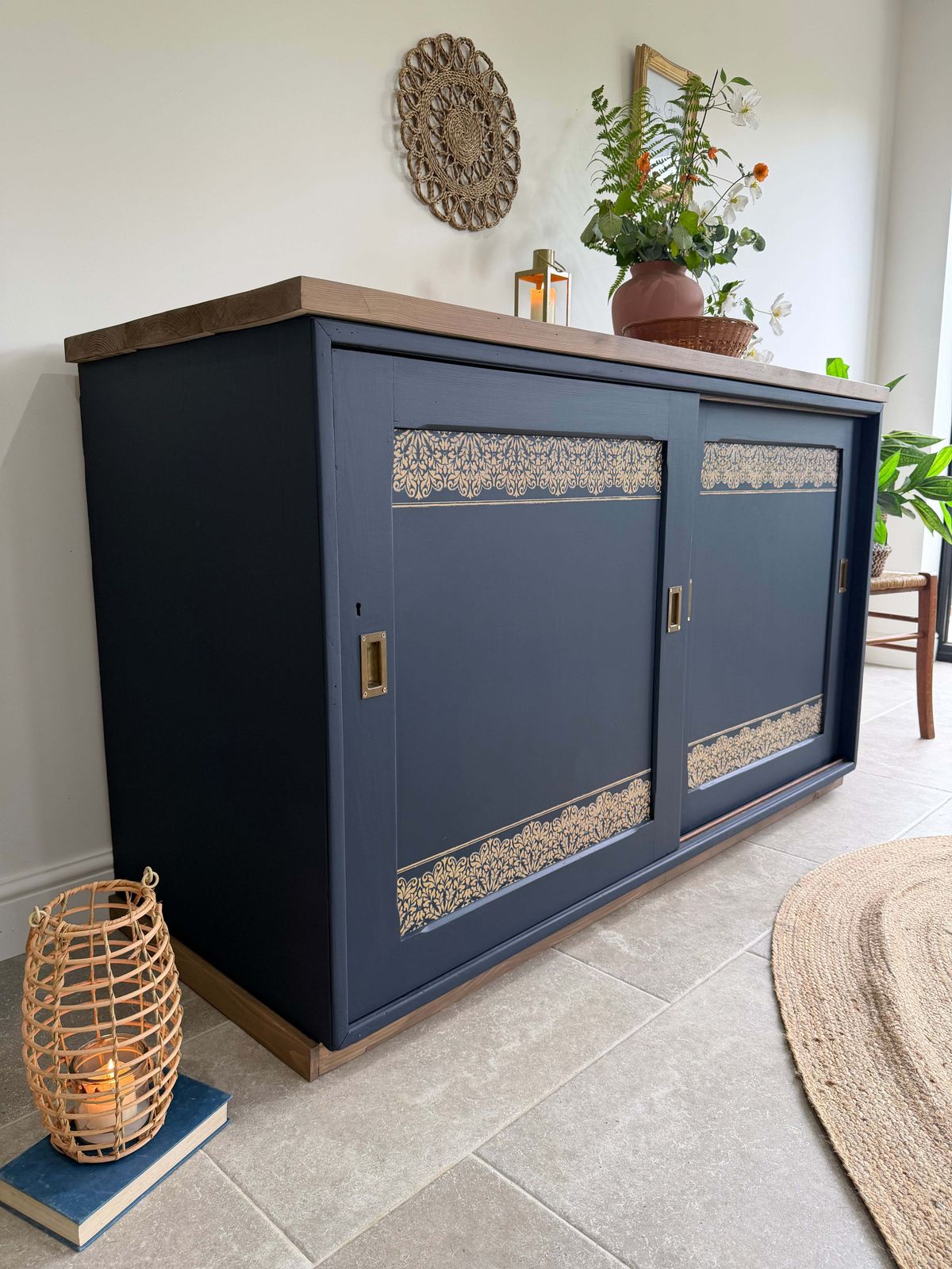 photo furniture Freestanding Vintage Sliding Door Sideboard Painted Navy Blue And Gold