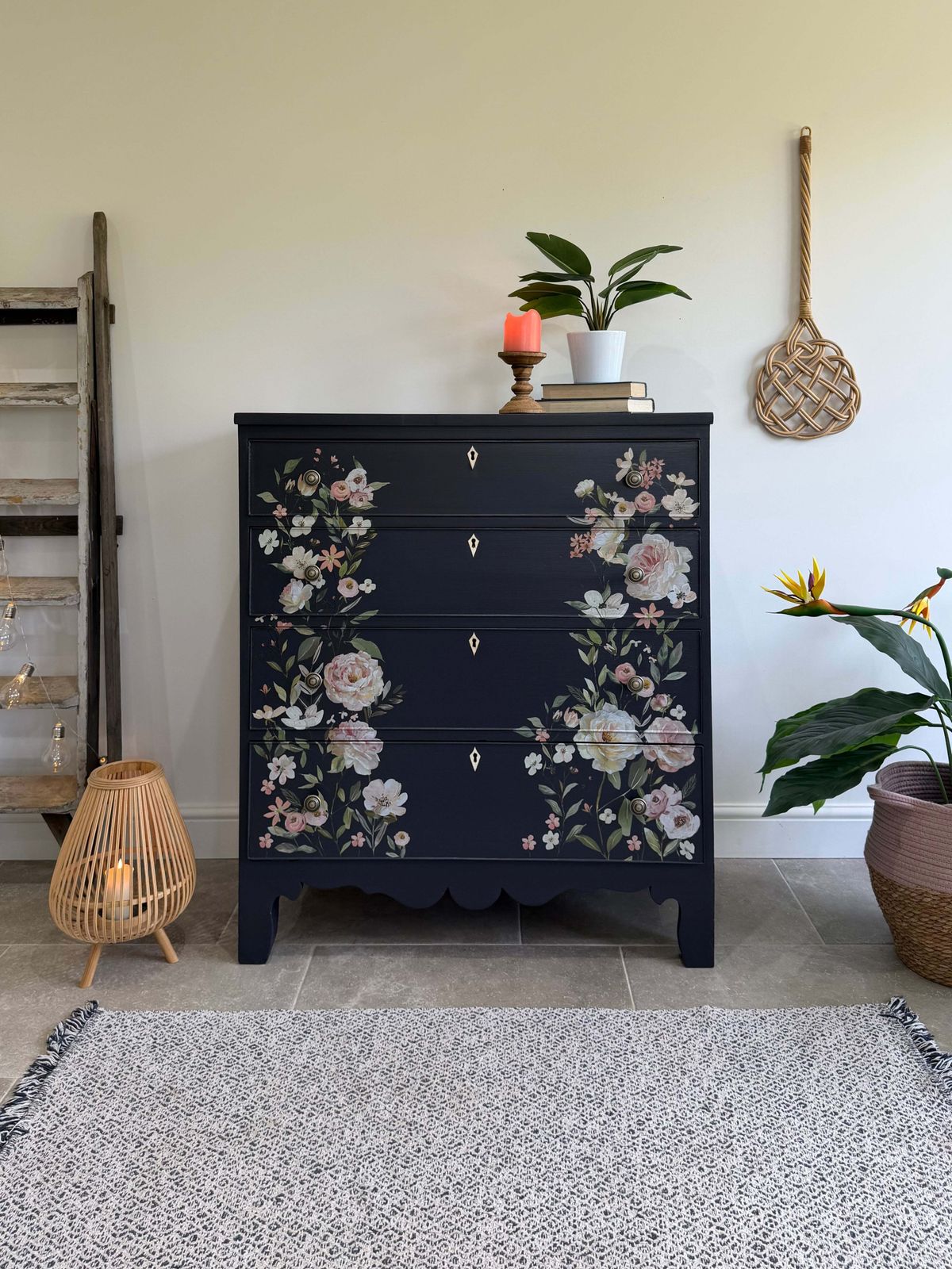 Vintage Chest Of Drawers, Painted Black With Floral Decor