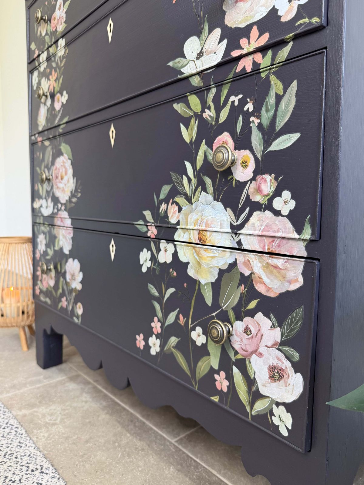 Vintage Chest Of Drawers, Painted Black With Floral Decor photo Furniture