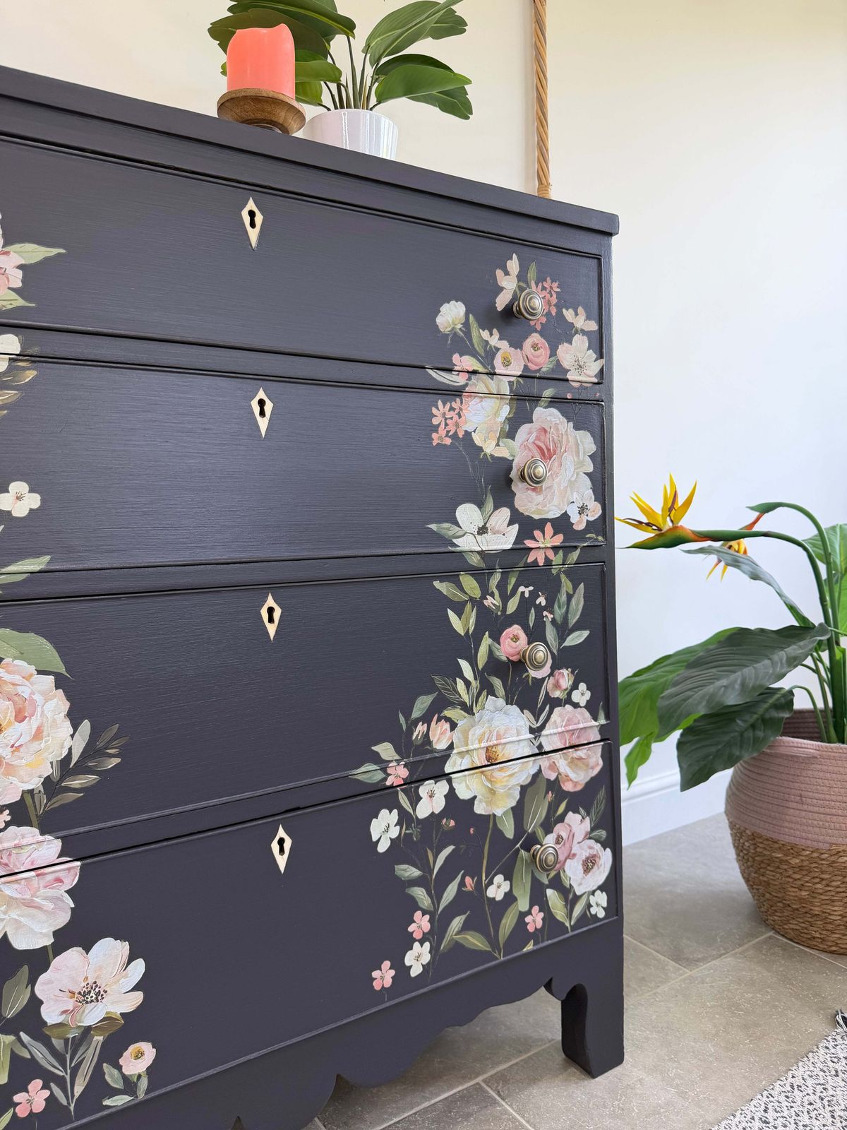 photo furniture Vintage Chest Of Drawers, Painted Black With Floral Decor