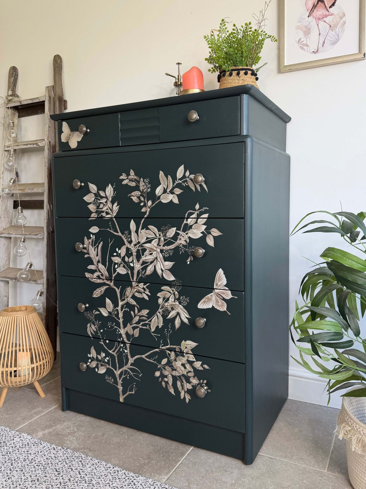 Stag Tallboy Dresser / Chest Of Drawers, Painted Dark Green And Floral photo 475.0