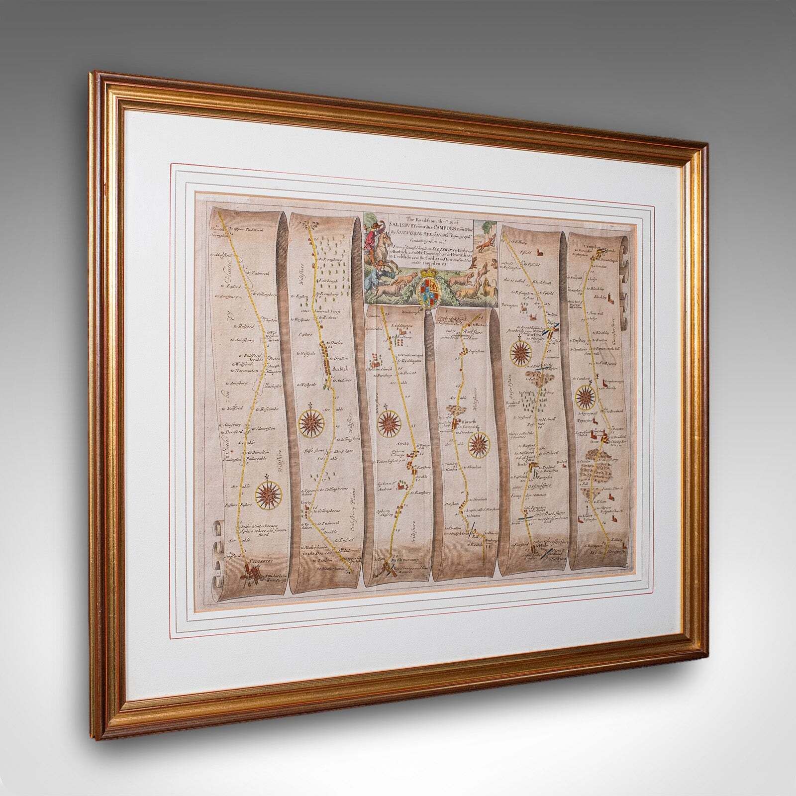 Antique Coaching Map, Salisbury To Campden, English, Framed Cartography, Ogilby