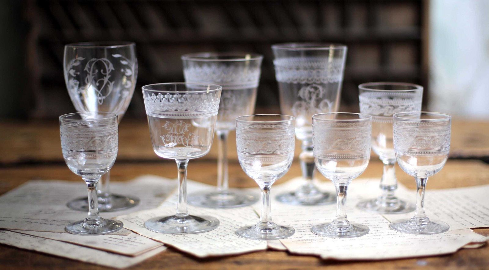 Collection Of 9 Antique Crystal Glasses Engraved Monogrammed Wine Glasses Baccarat photo vinterior