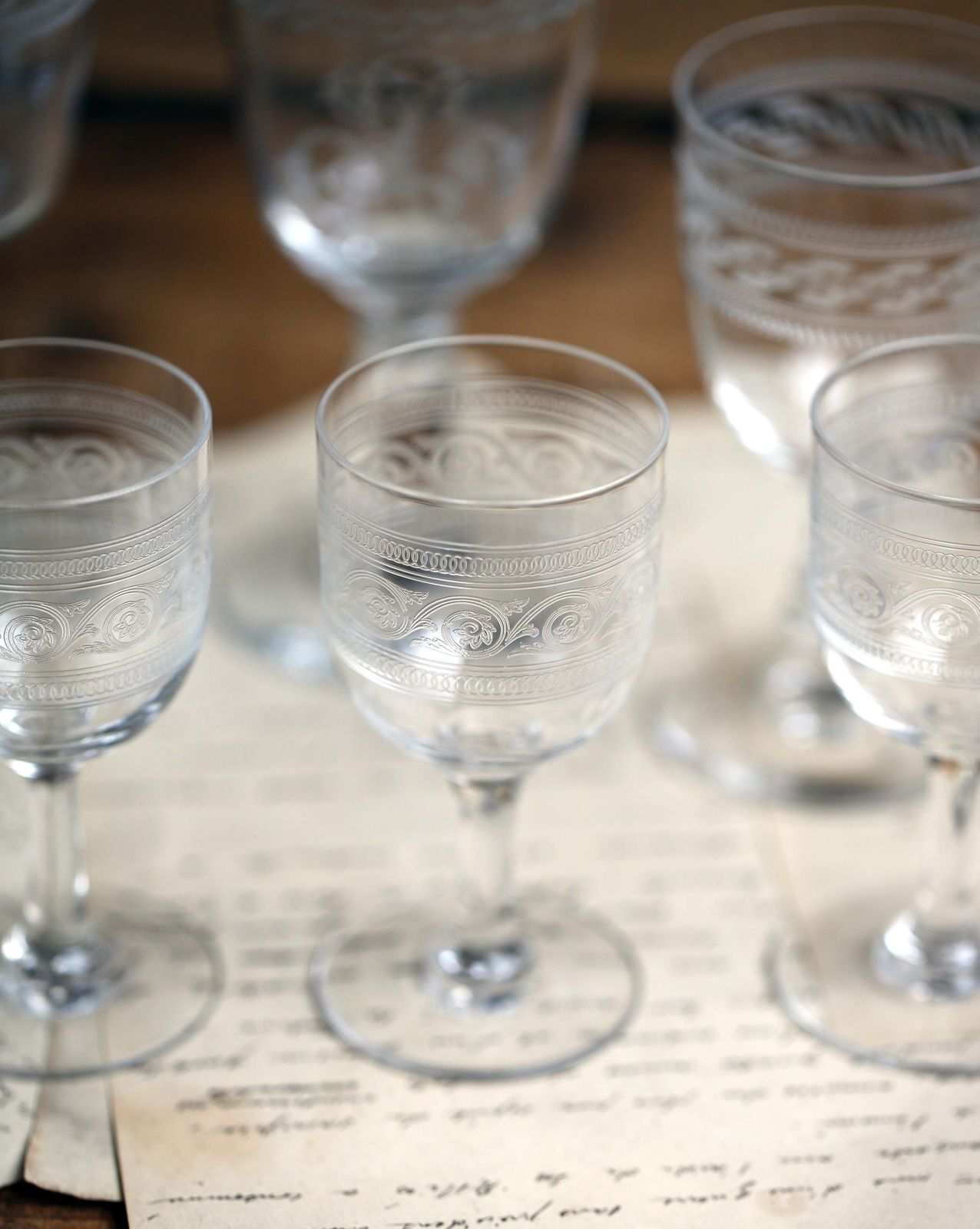 Collection Of 9 Antique Crystal Glasses Engraved Monogrammed Wine Glasses Baccarat photo vintage