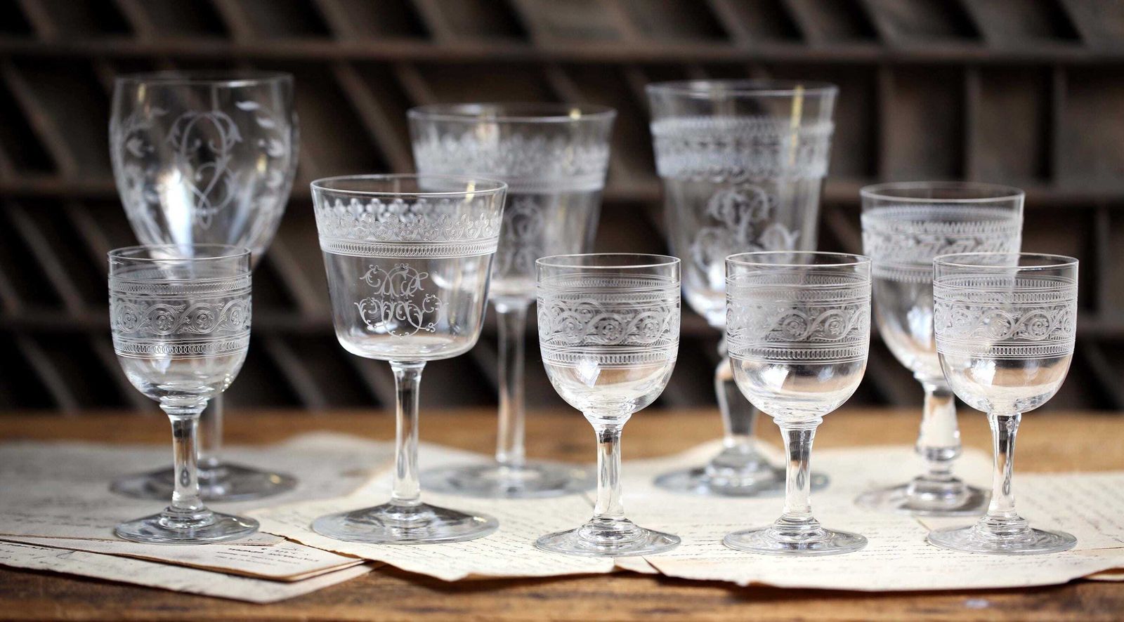 photo furniture Collection Of 9 Antique Crystal Glasses Engraved Monogrammed Wine Glasses Baccarat