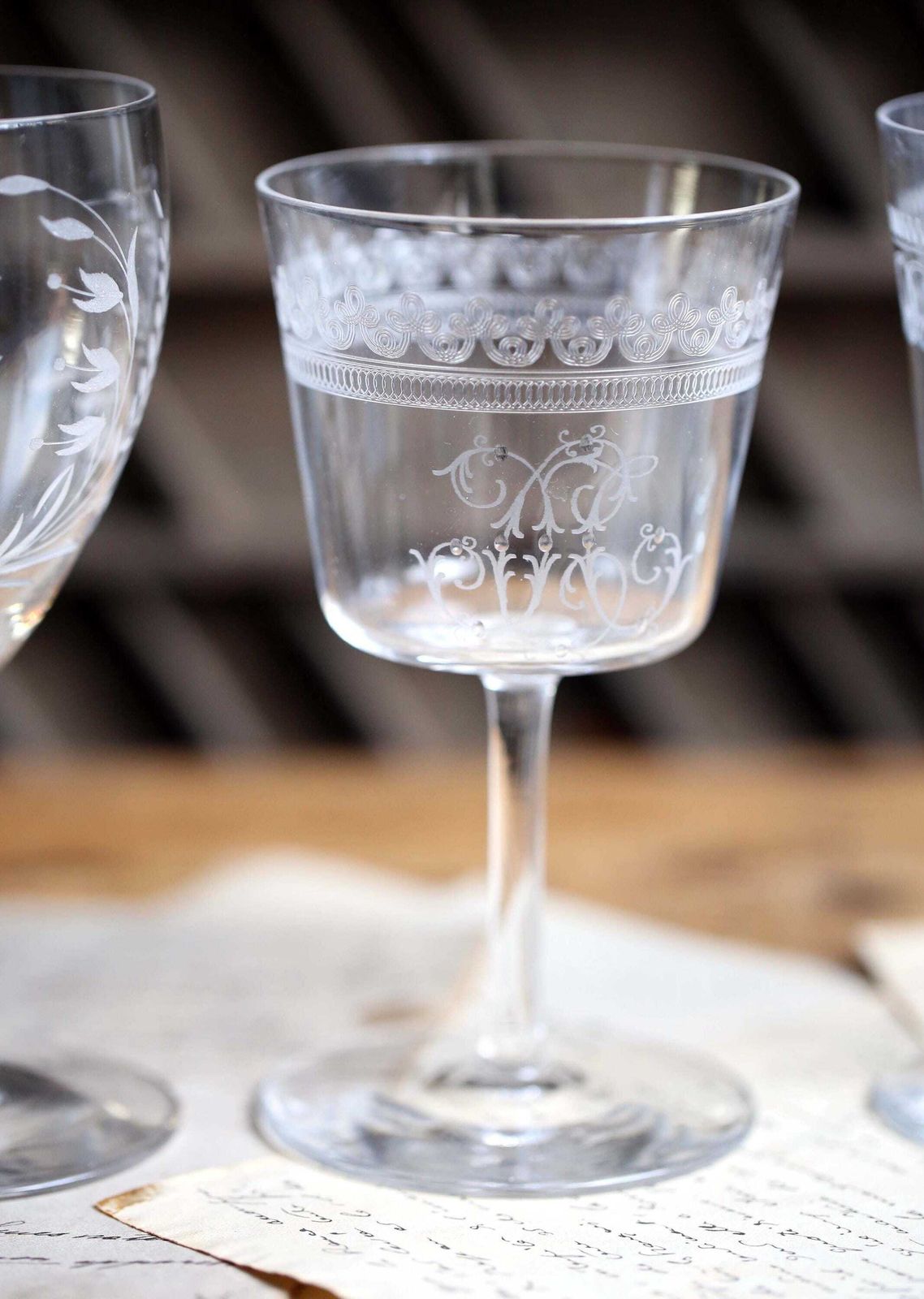 photo for sale Collection Of 9 Antique Crystal Glasses Engraved Monogrammed Wine Glasses Baccarat
