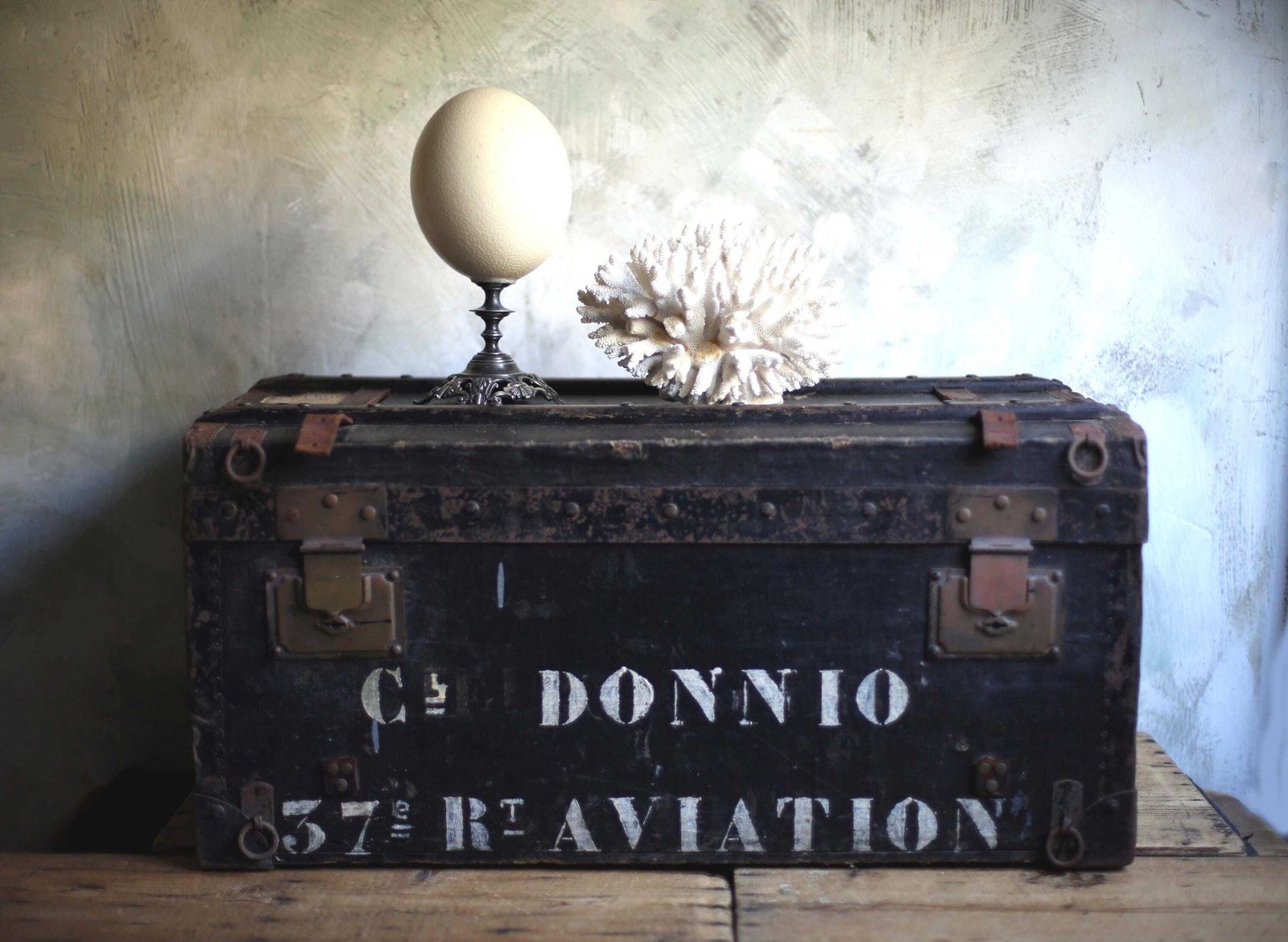 Antique Wood Military Box Aviation Regiment Wwi Black Trunk First World War Storage Chest French Army