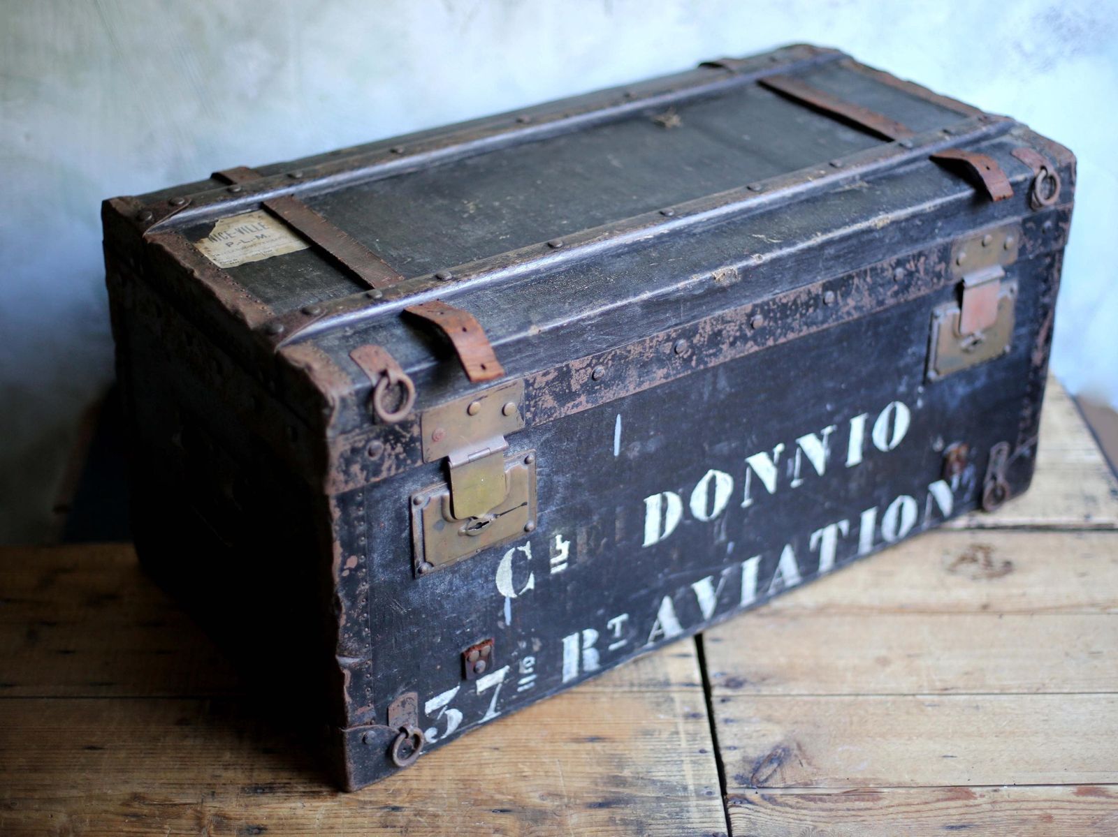 Antique Wood Military Box Aviation Regiment Wwi Black Trunk First World War Storage Chest French Army photo furniture
