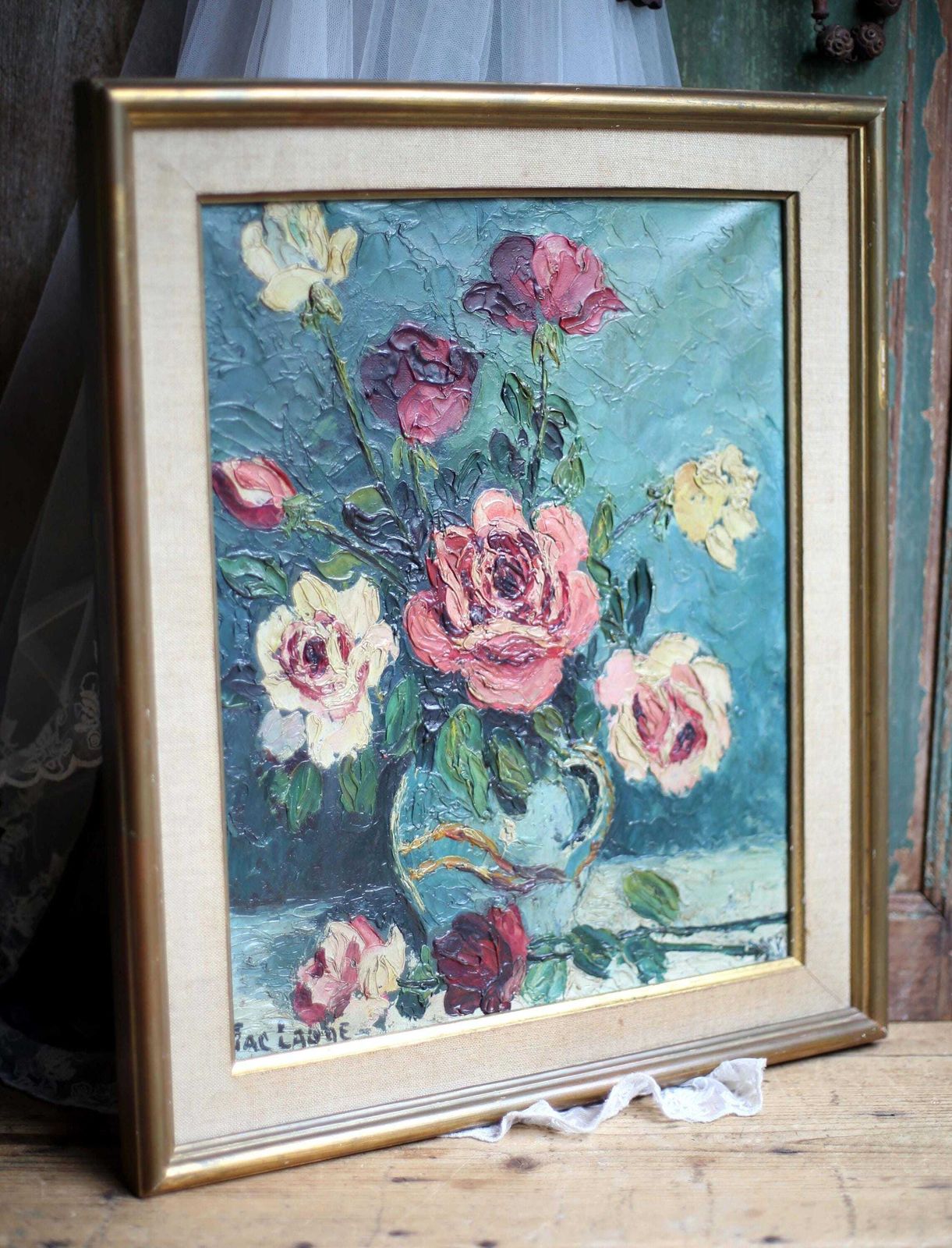 French Floral Oil Painting Canvas Art Flowers Framed Impasto Still Life By Jac Laube photo furniture