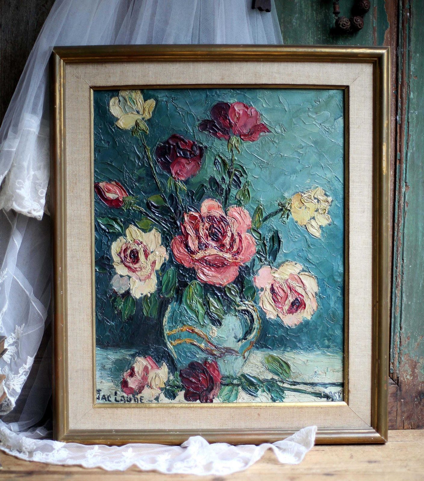 French Floral Oil Painting Canvas Art Flowers Framed Impasto Still Life By Jac Laube photo for sale