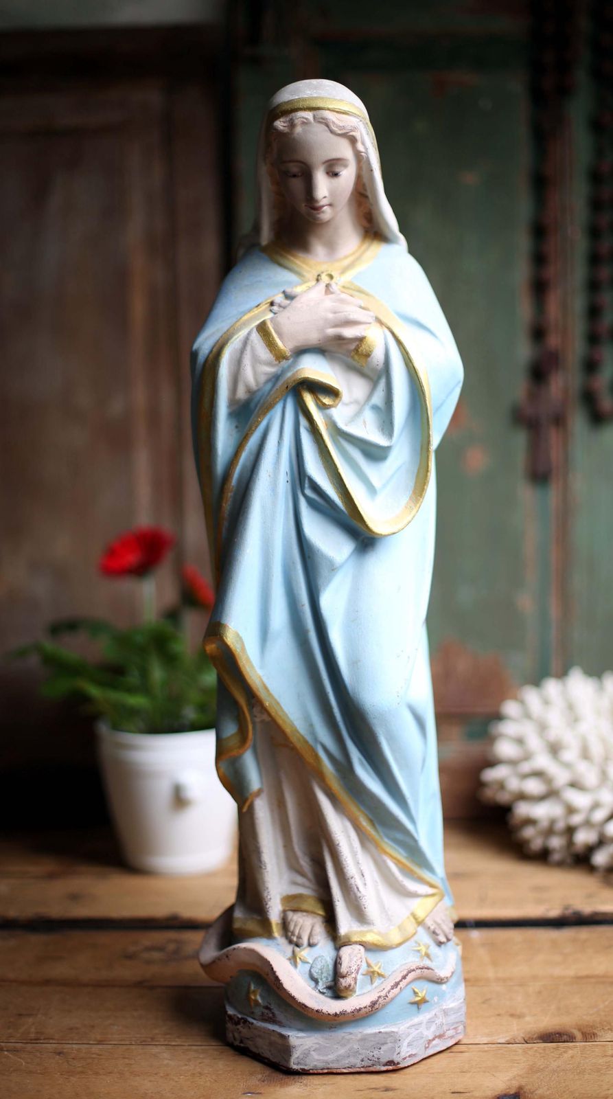Large Antique French Virgin Mary Statue Polychrome Praying Madonna photo furniture