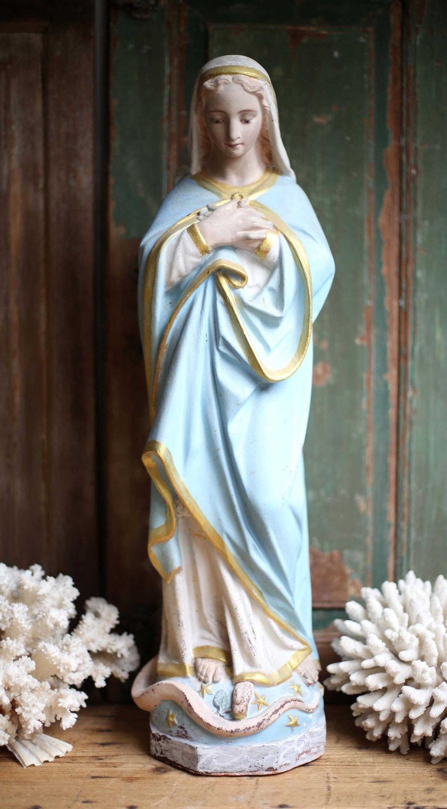 Large Antique French Virgin Mary Statue Polychrome Praying Madonna photo for sale