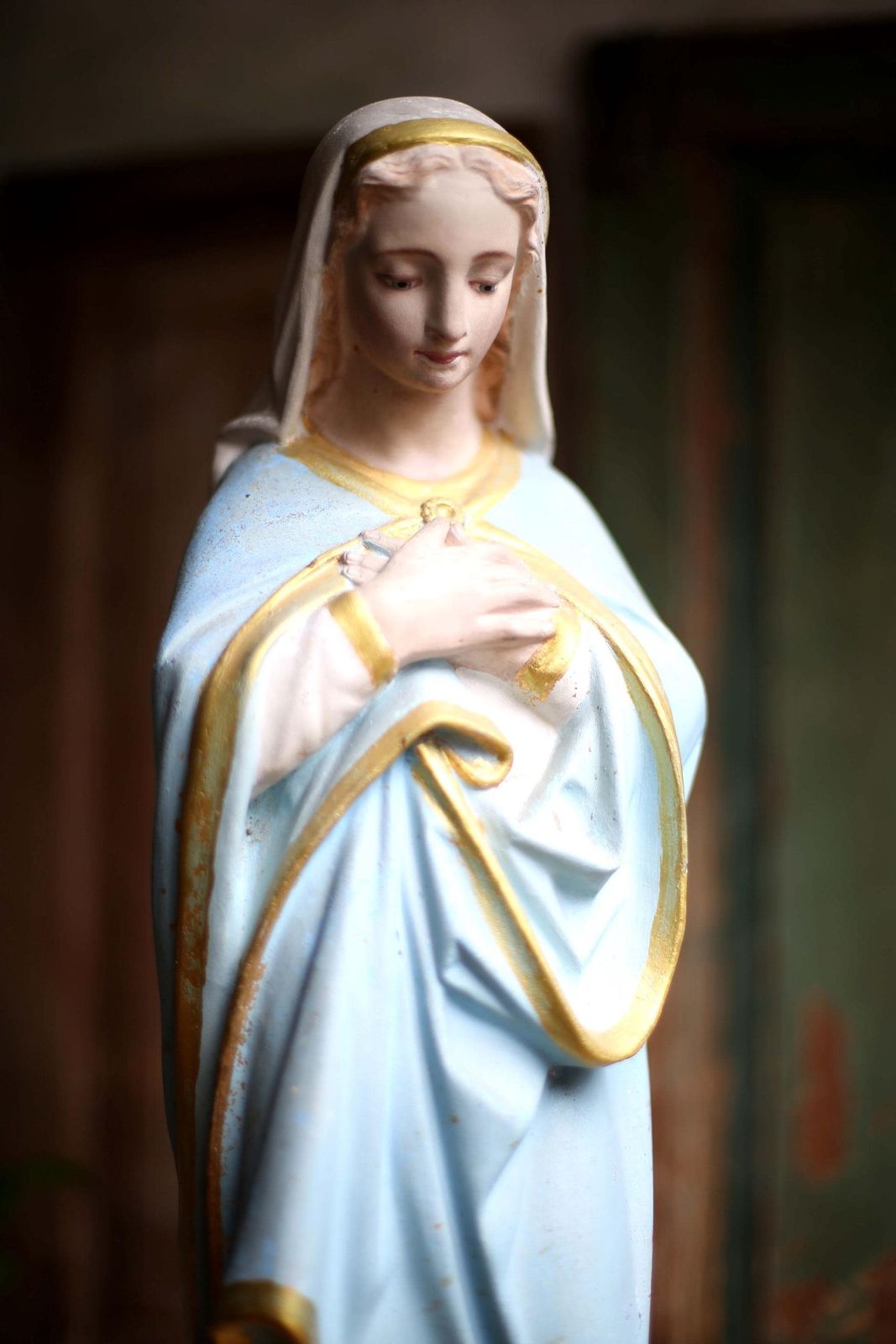 Large Antique French Virgin Mary Statue Polychrome Praying Madonna photo 322.0