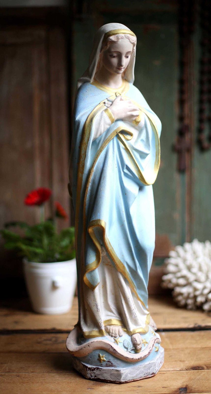 Large Antique French Virgin Mary Statue Polychrome Praying Madonna photo buy