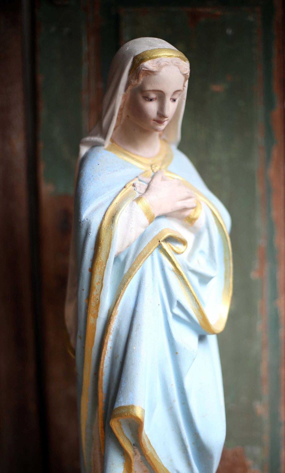 Large Antique French Virgin Mary Statue Polychrome Praying Madonna photo vintage