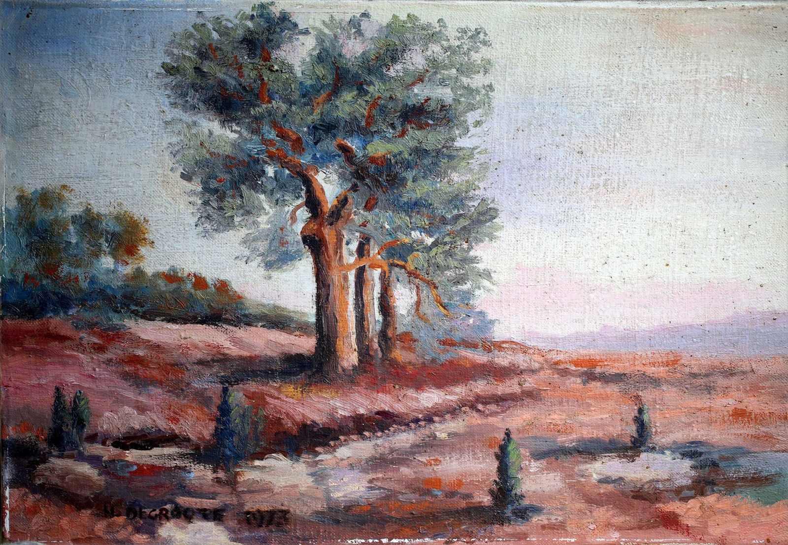 Original Oil Painting Tree Vintage French Landscape On Canvas Henri Degroote photo Art