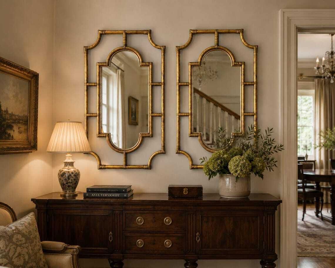 A Pair Of Large Vintage Bamboo Framed Wall Mirrors photo furniture