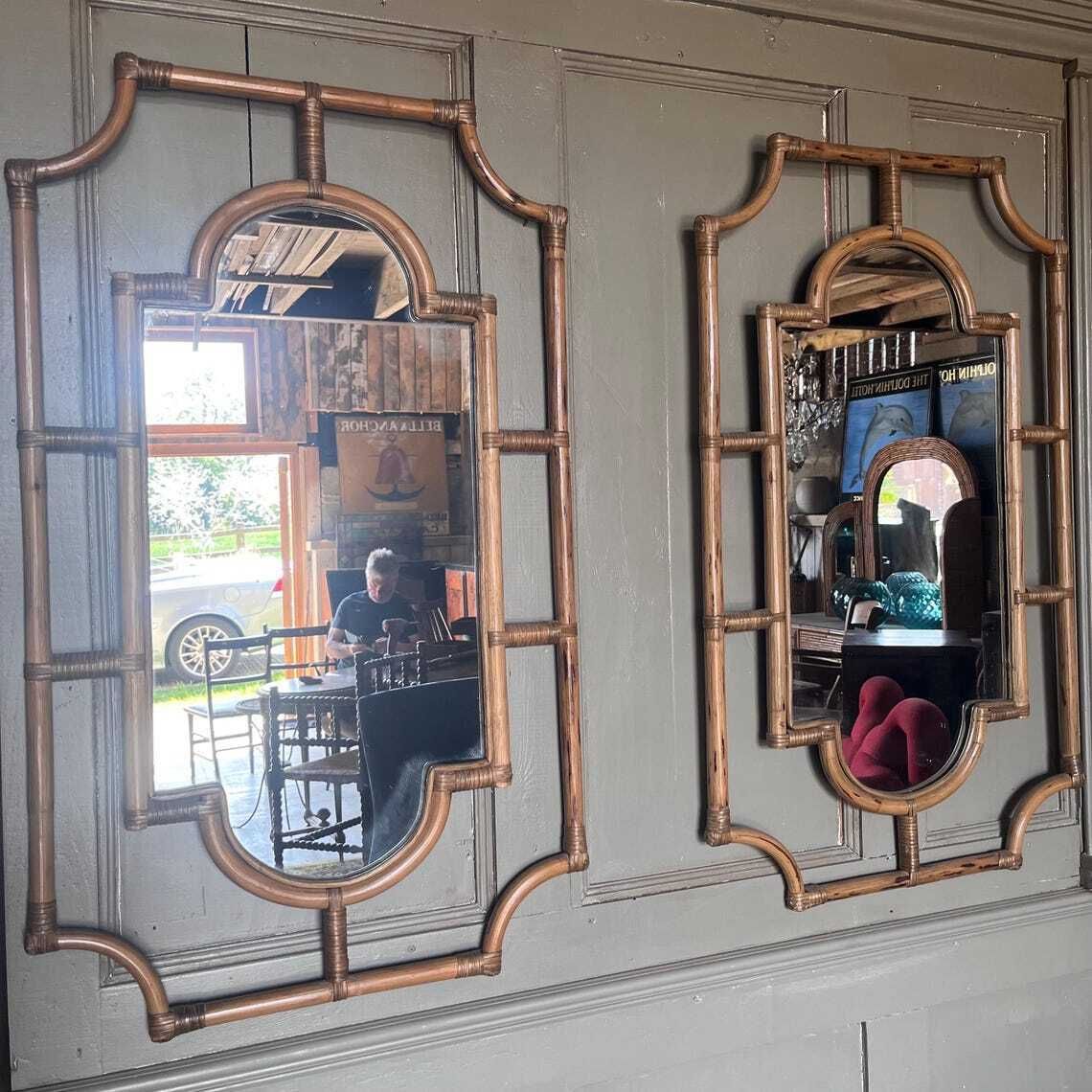 A Pair Of Large Vintage Bamboo Framed Wall Mirrors photo for sale